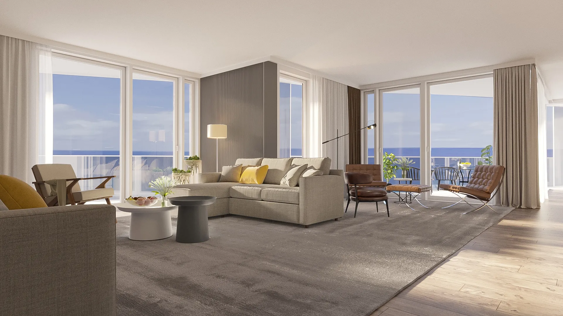 Rendering of a residence living room with Gulf views