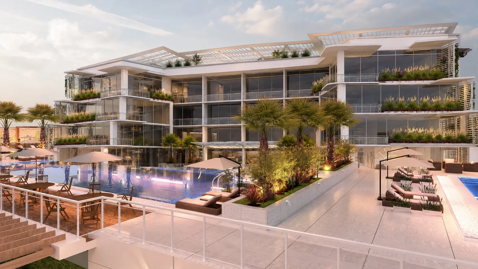 Rendering of the pool deck at dusk