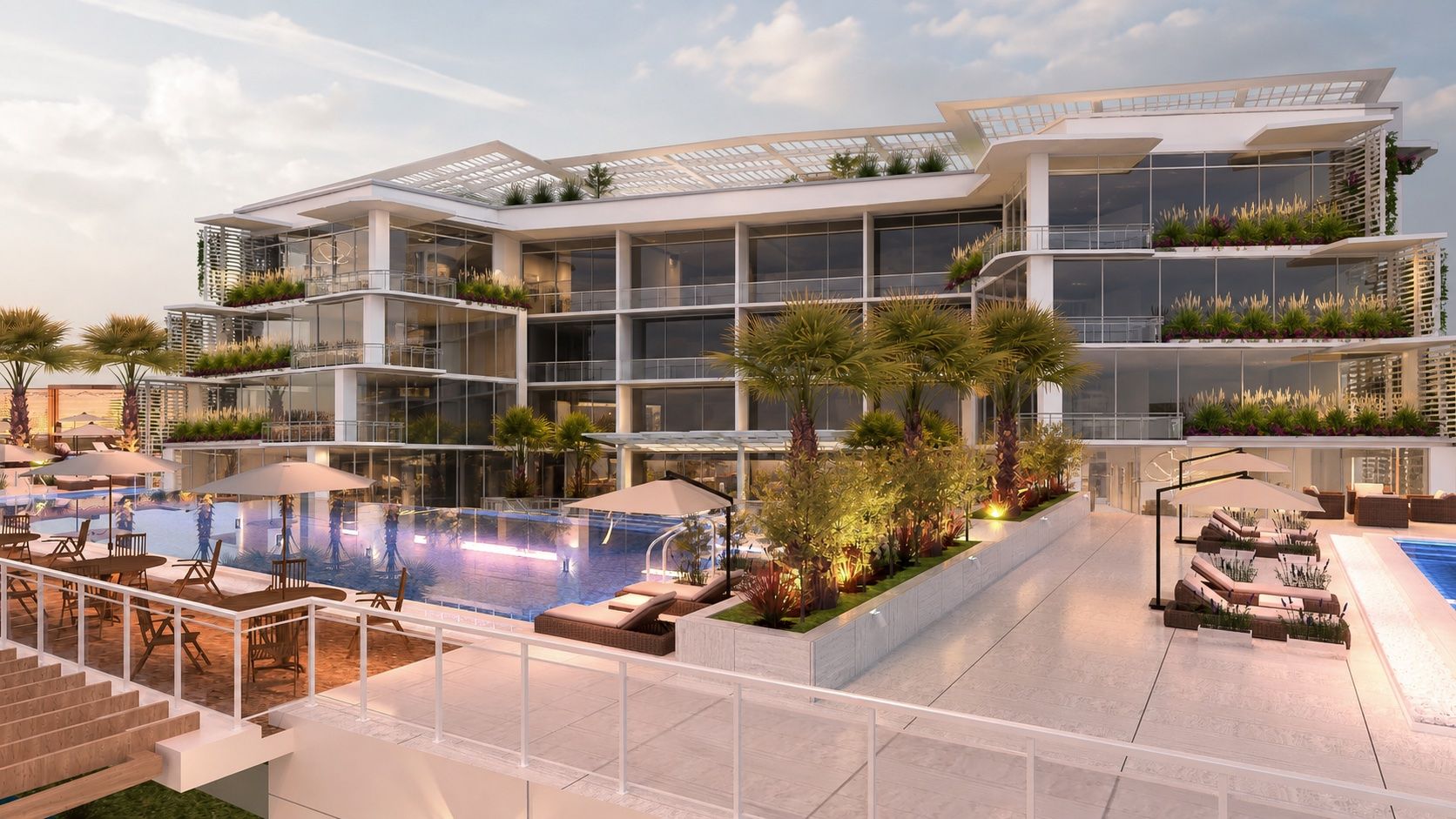 Rendering of the pool deck at dusk — palms, cabanas and dining terraces beside the glass facade