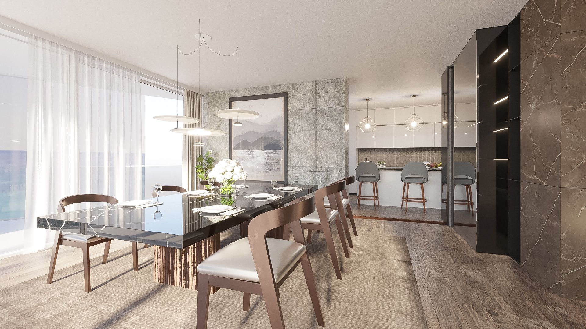 Rendering of a residence dining room with a marble table, pendant lights and the kitchen beyond
