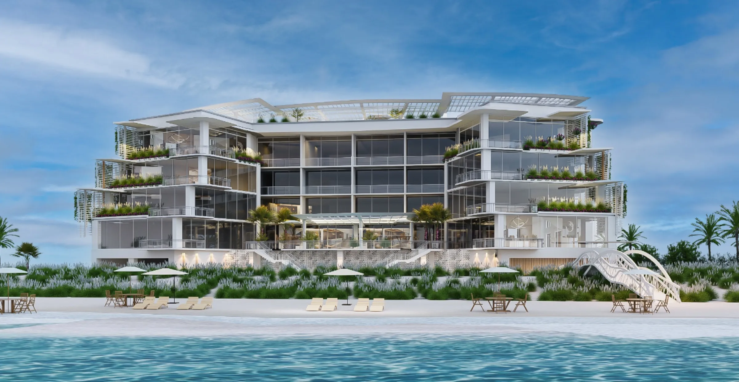 Rendering of Solarus from the beach, with its planted terraces and footbridge to the sand