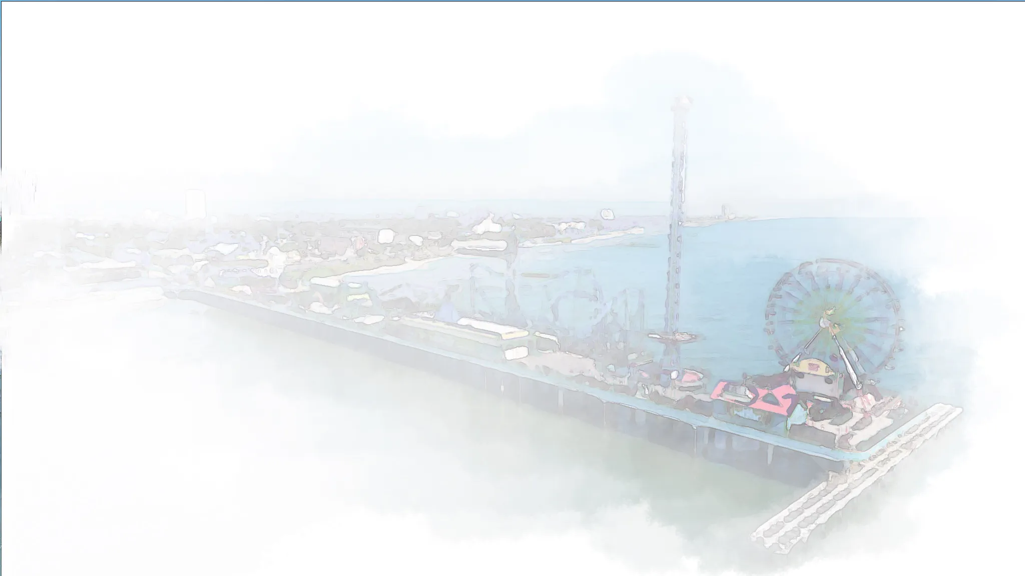 Watercolor of the Galveston Pleasure Pier and its Ferris wheel seen from above